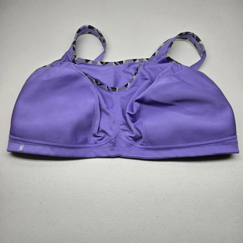Glamorise Women Sports Bra 50DD Purple Geometric Wireless Adjustable Straps READ